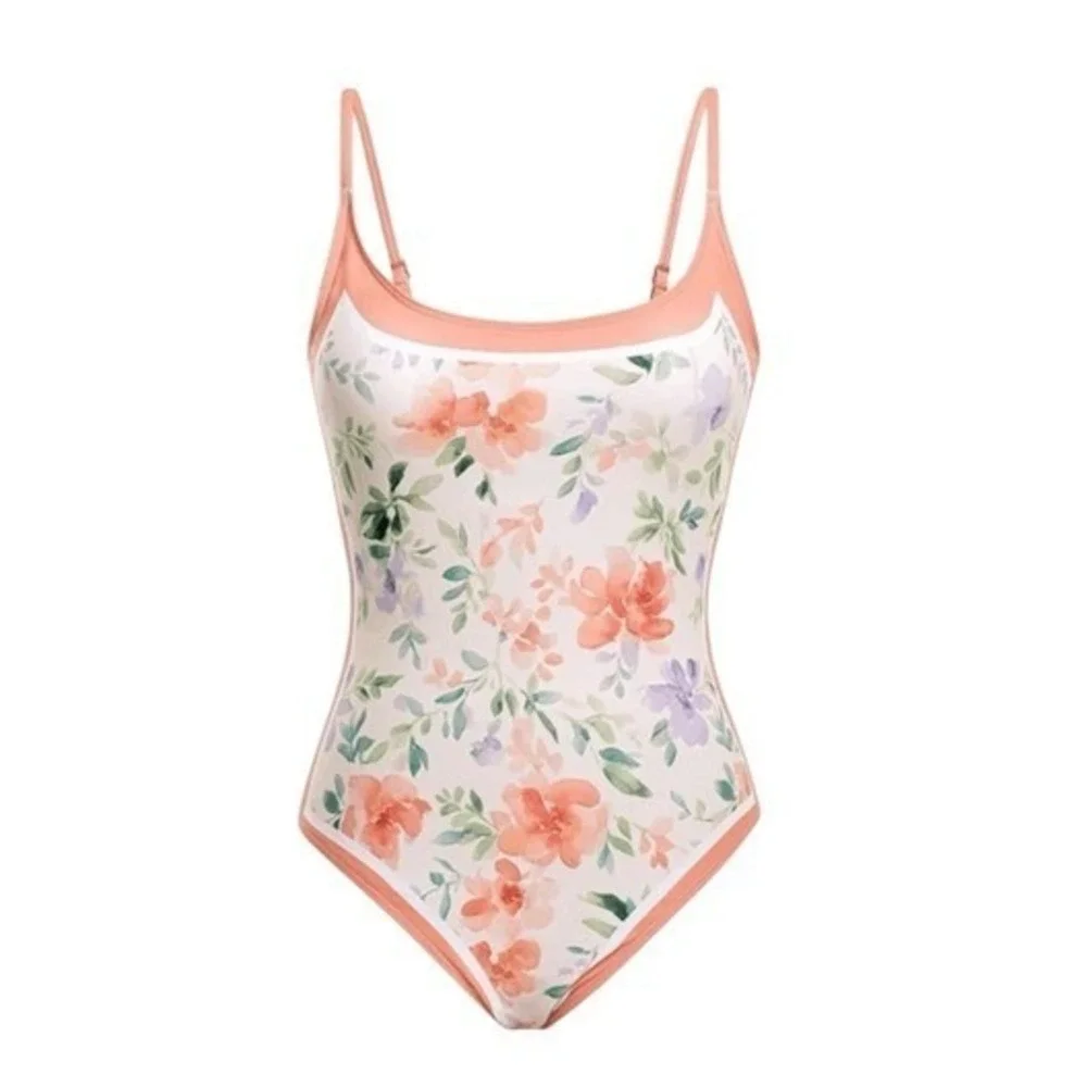 Delicate Floral One Piece Swimsuit Off White Peach Detail Adjustable Straps Padd